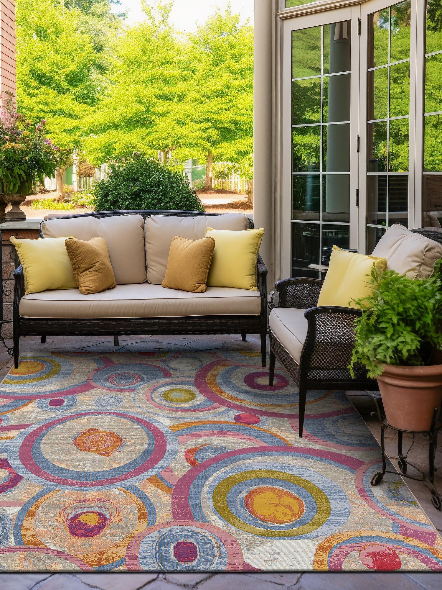 Multicolor 10' x 10' Outdoor Modern Square Area Rug Weather Resistant for Patio, Deck, Terrace, Balcony, Porch 100% Polypropylene Modern Outside Carpet for Sale at Rug Engine
