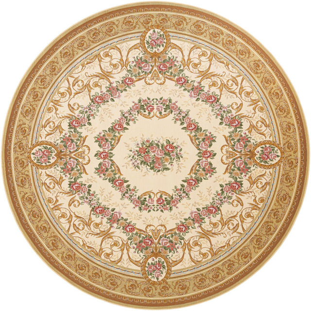 Ivory and Beige 10' x 10' Outdoor Traditional Round Area Rug Weather Resistant for Patio, Deck, Terrace, Balcony, Porch Classical Design Outside Carpet for Sale at Rug Engine