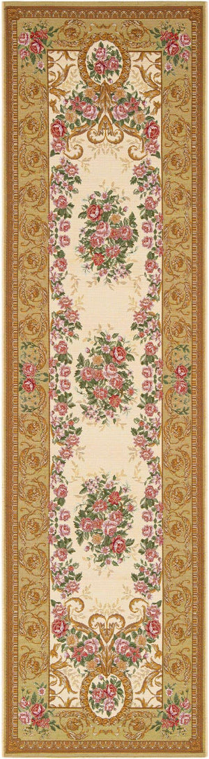 Ivory and Beige 2' 7 x 10' Outdoor Traditional Runner Area Rug Weather Resistant for Patio, Deck, Terrace, Balcony, Porch Classical Design Outside Carpet for Sale at Rug Engine
