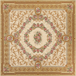Ivory and Beige 10' x 10' Outdoor Traditional Square Area Rug Weather Resistant for Patio, Deck, Terrace, Balcony, Porch Classical Design Outside Carpet for Sale at Rug Engine