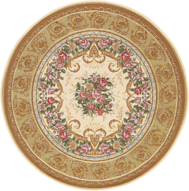 Ivory and Beige 3' 1 x 3' 1 Outdoor Traditional Round Area Rug Weather Resistant for Patio, Deck, Terrace, Balcony, Porch Classical Design Outside Carpet for Sale at Rug Engine