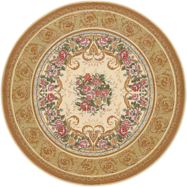Ivory and Beige 4' 1 x 4' 1 Outdoor Traditional Round Area Rug Weather Resistant for Patio, Deck, Terrace, Balcony, Porch Classical Design Outside Carpet for Sale at Rug Engine