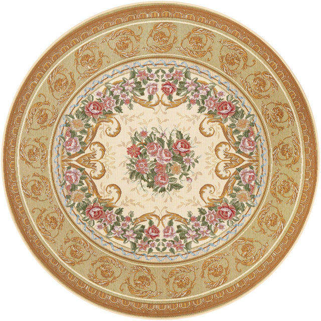 Ivory and Beige 5' 1 x 5' 1 Outdoor Traditional Round Area Rug Weather Resistant for Patio, Deck, Terrace, Balcony, Porch Classical Design Outside Carpet for Sale at Rug Engine