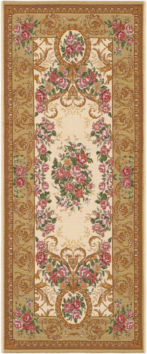 Ivory and Beige 2' x 5' 1 Outdoor Traditional Runner Area Rug Weather Resistant for Patio, Deck, Terrace, Balcony, Porch Classical Design Outside Carpet for Sale at Rug Engine