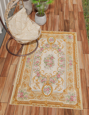Ivory and Beige 4' 1 x 6' 1 Outdoor Traditional Rectangle Area Rug Weather Resistant for Patio, Deck, Terrace, Balcony, Porch Classical Design Outside Carpet for Sale at Rug Engine