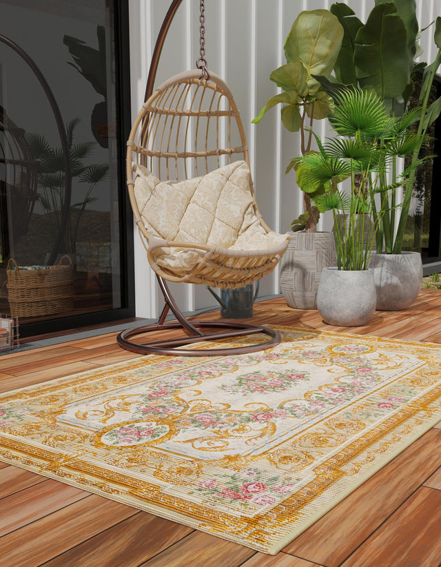 Ivory and Beige 7' 10 x 10' Outdoor Traditional Rectangle Area Rug Weather Resistant for Patio, Deck, Terrace, Balcony, Porch Classical Design Outside Carpet for Sale at Rug Engine