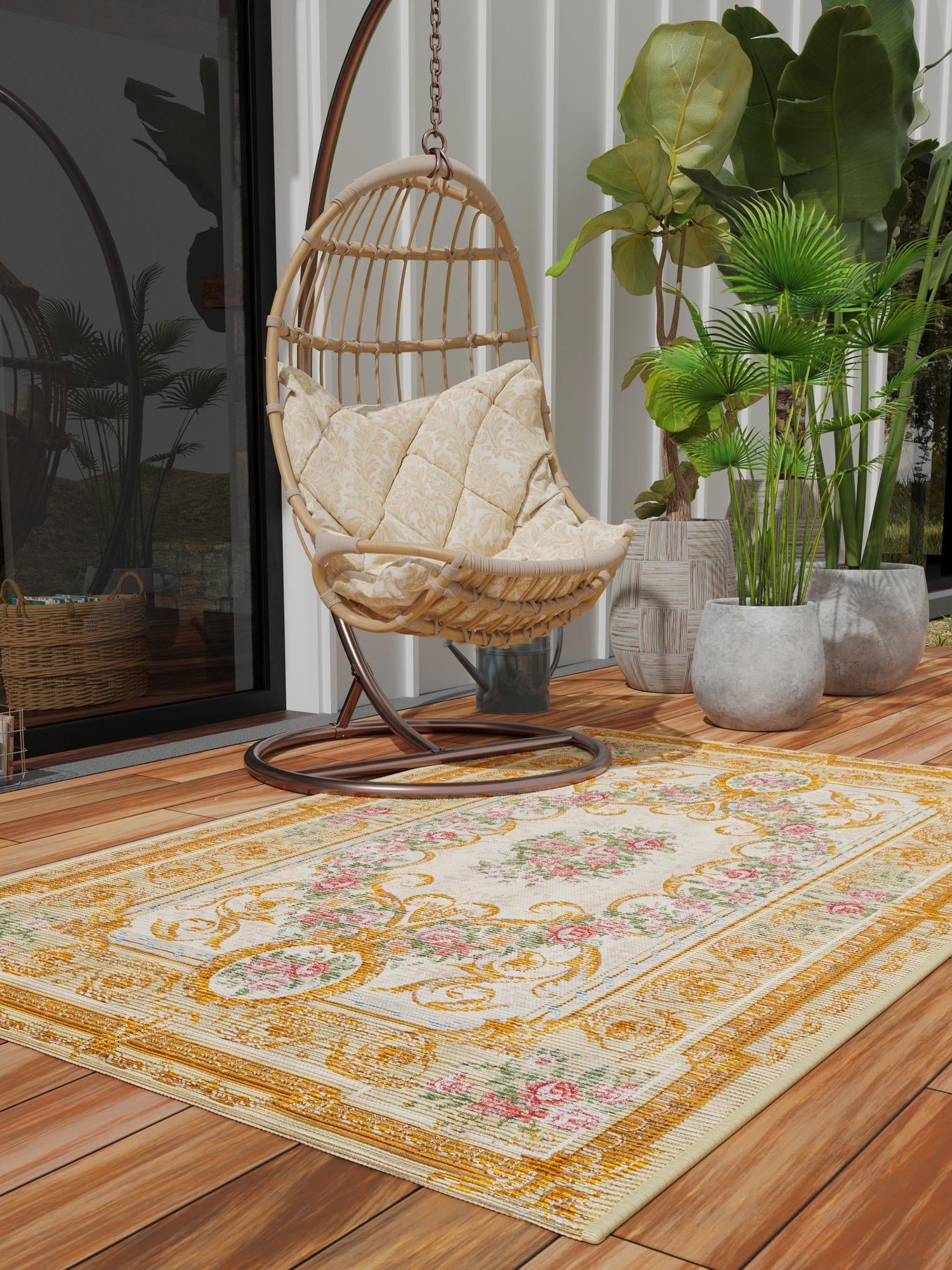 Ivory and Beige 10' x 14' 1 Outdoor Traditional Rectangle Area Rug Weather Resistant for Patio, Deck, Terrace, Balcony, Porch Classical Design Outside Carpet for Sale at Rug Engine