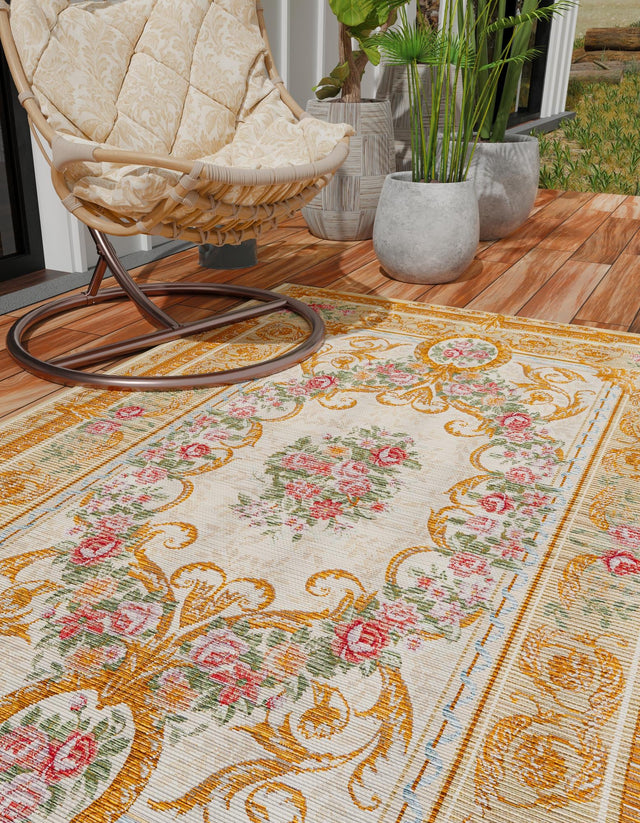 Ivory and Beige 9' x 12' Outdoor Traditional Rectangle Area Rug Weather Resistant for Patio, Deck, Terrace, Balcony, Porch Classical Design Outside Carpet for Sale at Rug Engine