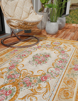 Ivory and Beige 5' 1 x 7' 1 Outdoor Traditional Rectangle Area Rug Weather Resistant for Patio, Deck, Terrace, Balcony, Porch Classical Design Outside Carpet for Sale at Rug Engine