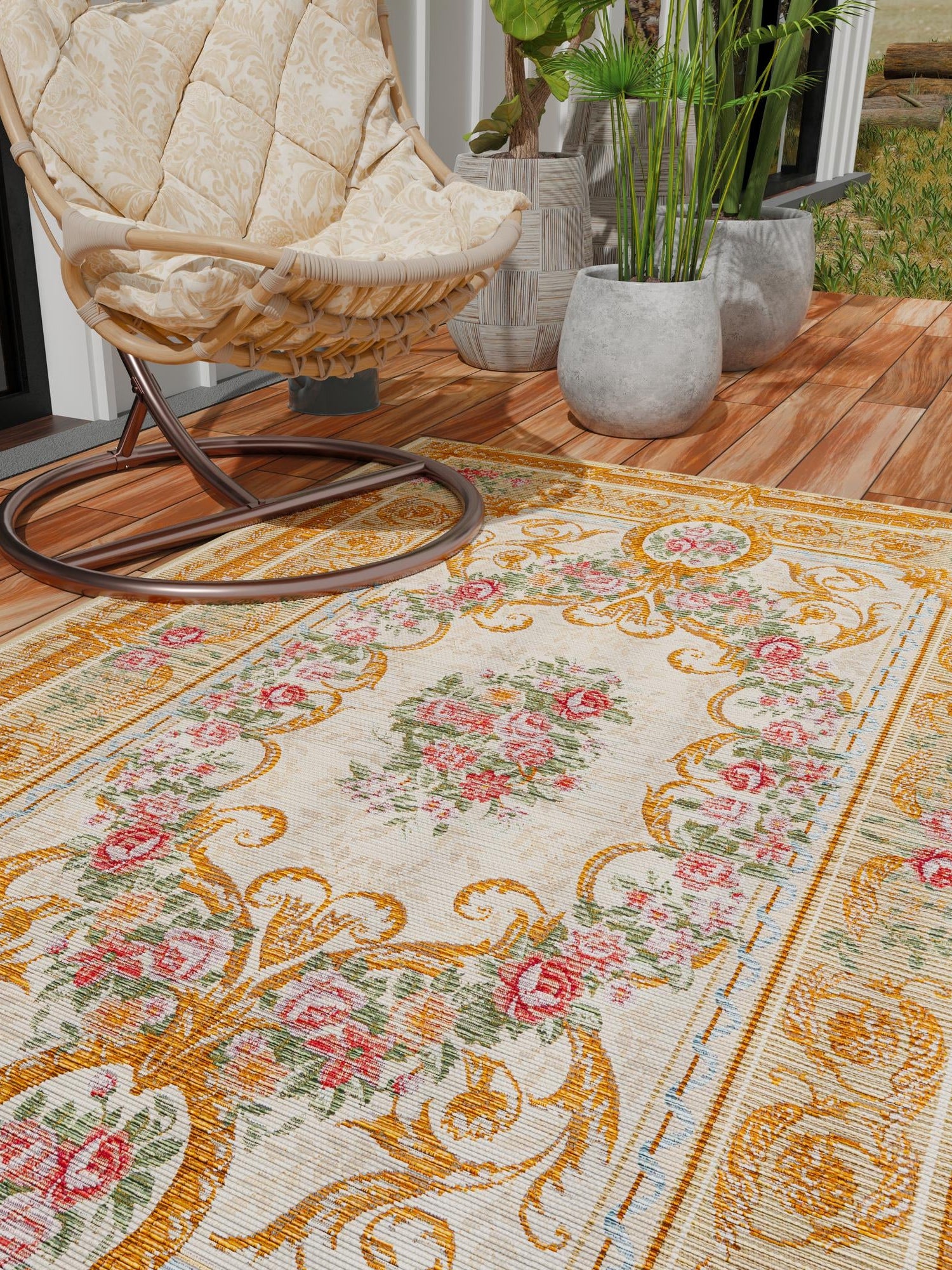 Ivory and Beige 2' x 3' 1 Outdoor Traditional Rectangle Area Rug Weather Resistant for Patio, Deck, Terrace, Balcony, Porch Classical Design Outside Carpet for Sale at Rug Engine