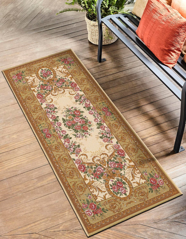 Ivory and Beige 2' 7 x 10' Outdoor Traditional Runner Area Rug Weather Resistant for Patio, Deck, Terrace, Balcony, Porch Classical Design Outside Carpet for Sale at Rug Engine