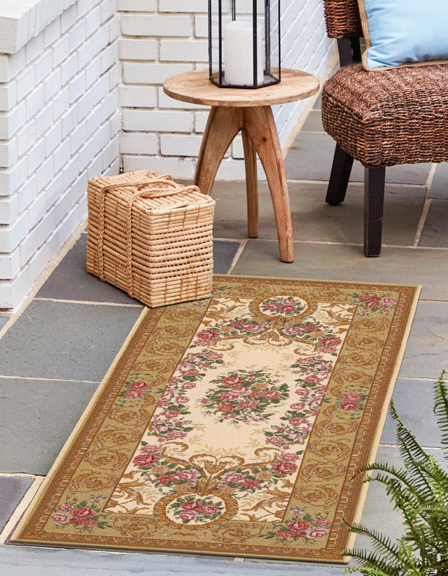 Ivory and Beige 2' x 8' Outdoor Traditional Runner Area Rug Weather Resistant for Patio, Deck, Terrace, Balcony, Porch Classical Design Outside Carpet for Sale at Rug Engine