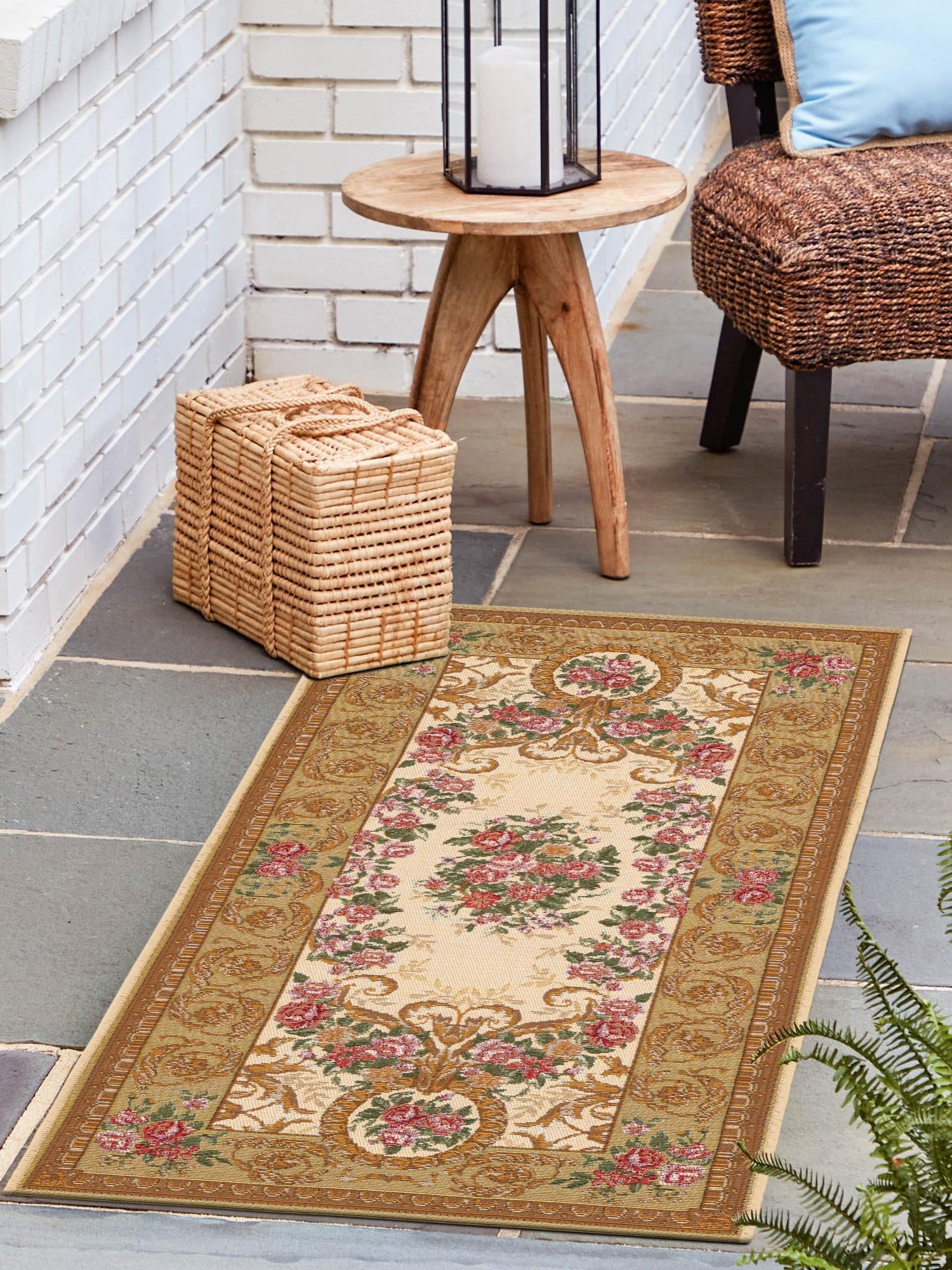 Ivory and Beige 2' x 5' 1 Outdoor Traditional Runner Area Rug Weather Resistant for Patio, Deck, Terrace, Balcony, Porch Classical Design Outside Carpet for Sale at Rug Engine