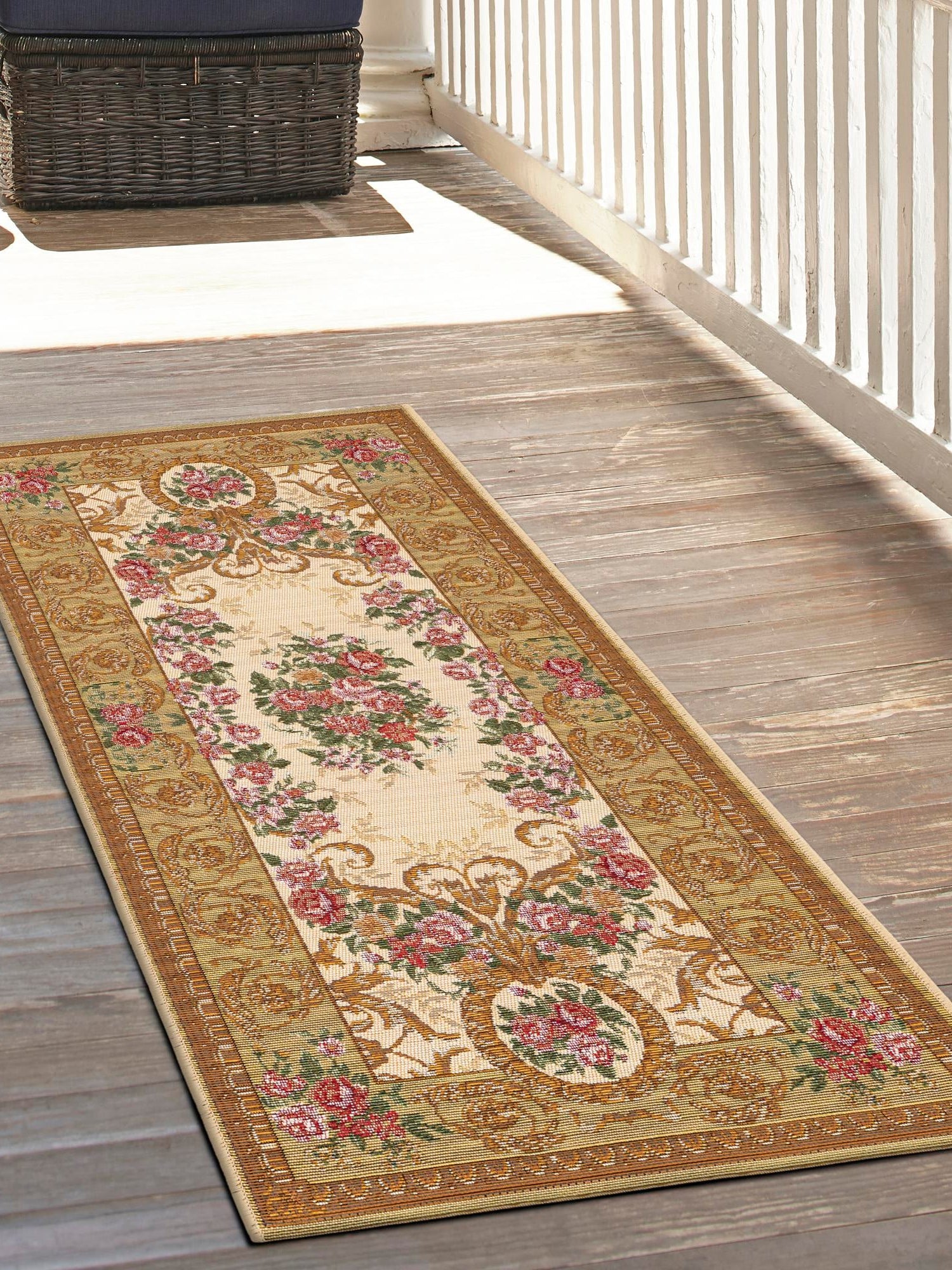 Ivory and Beige 2' 7 x 10' Outdoor Traditional Runner Area Rug Weather Resistant for Patio, Deck, Terrace, Balcony, Porch Classical Design Outside Carpet for Sale at Rug Engine