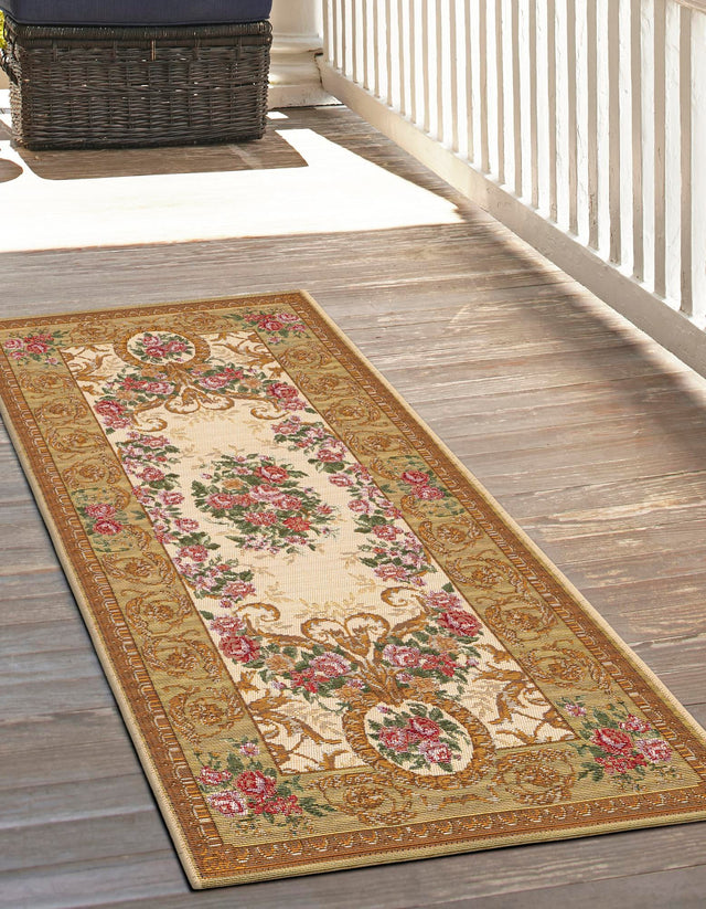Ivory and Beige 2' 7 x 10' Outdoor Traditional Runner Area Rug Weather Resistant for Patio, Deck, Terrace, Balcony, Porch Classical Design Outside Carpet for Sale at Rug Engine