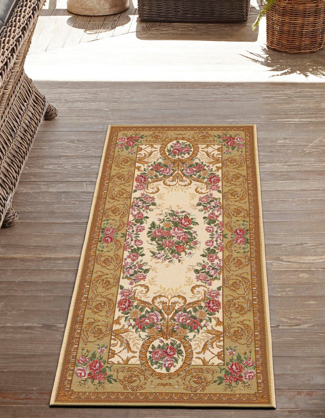Ivory and Beige 2' x 8' Outdoor Traditional Runner Area Rug Weather Resistant for Patio, Deck, Terrace, Balcony, Porch Classical Design Outside Carpet for Sale at Rug Engine
