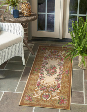 Ivory and Beige 2' x 6' 1 Outdoor Traditional Runner Area Rug Weather Resistant for Patio, Deck, Terrace, Balcony, Porch Classical Design Outside Carpet for Sale at Rug Engine