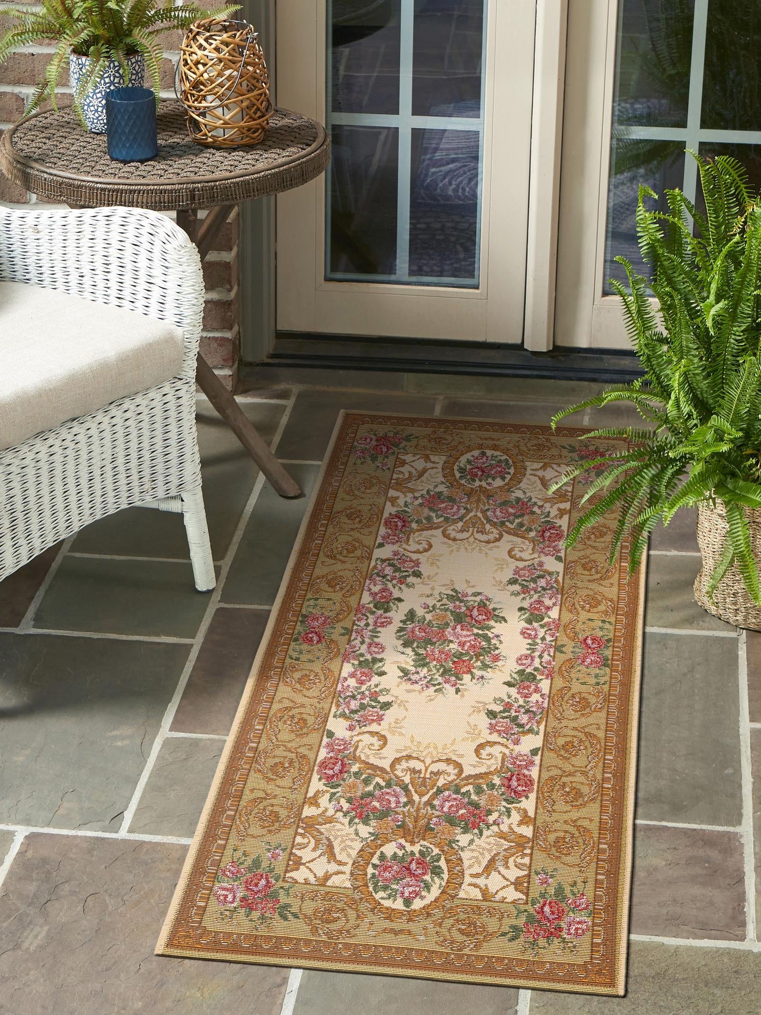 Ivory and Beige 2' 7 x 12' Outdoor Traditional Runner Area Rug Weather Resistant for Patio, Deck, Terrace, Balcony, Porch Classical Design Outside Carpet for Sale at Rug Engine