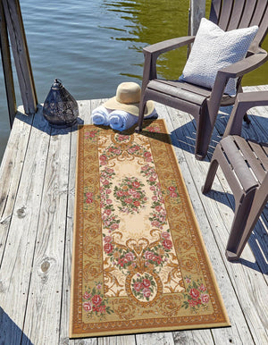 Ivory and Beige 2' 7 x 10' Outdoor Traditional Runner Area Rug Weather Resistant for Patio, Deck, Terrace, Balcony, Porch Classical Design Outside Carpet for Sale at Rug Engine