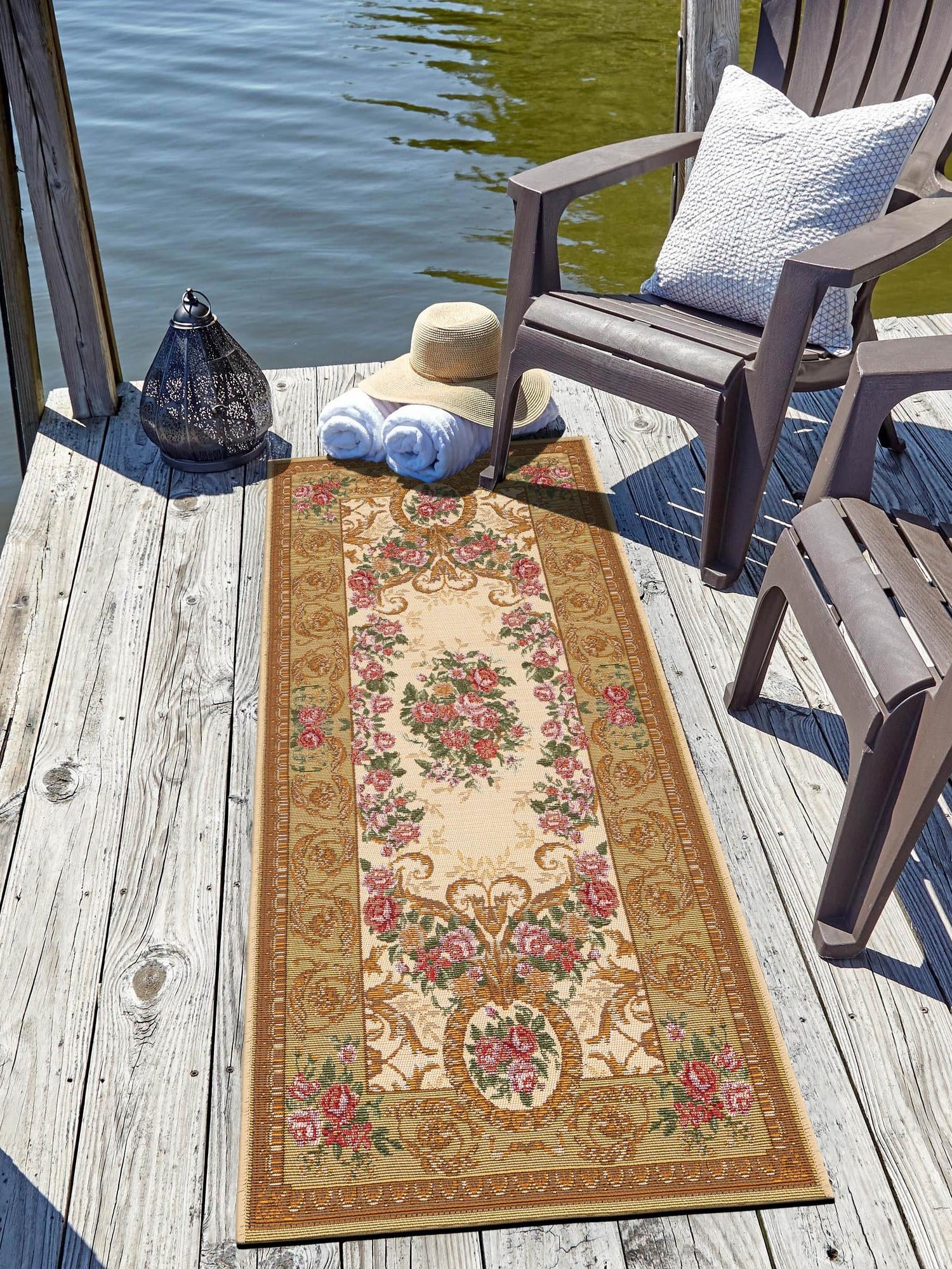 Ivory and Beige 2' x 5' 1 Outdoor Traditional Runner Area Rug Weather Resistant for Patio, Deck, Terrace, Balcony, Porch Classical Design Outside Carpet for Sale at Rug Engine