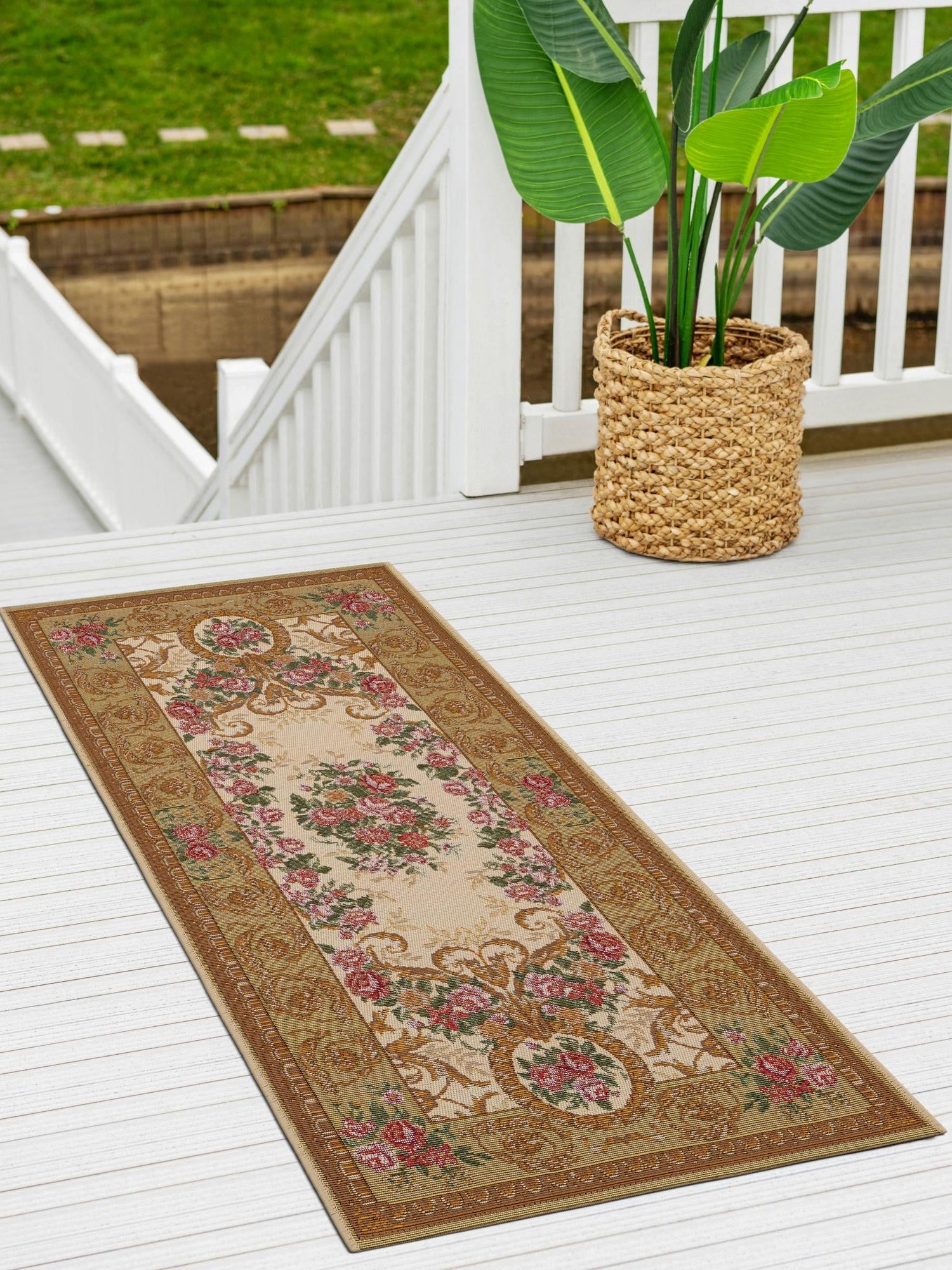 Ivory and Beige 2' x 5' 1 Outdoor Traditional Runner Area Rug Weather Resistant for Patio, Deck, Terrace, Balcony, Porch Classical Design Outside Carpet for Sale at Rug Engine