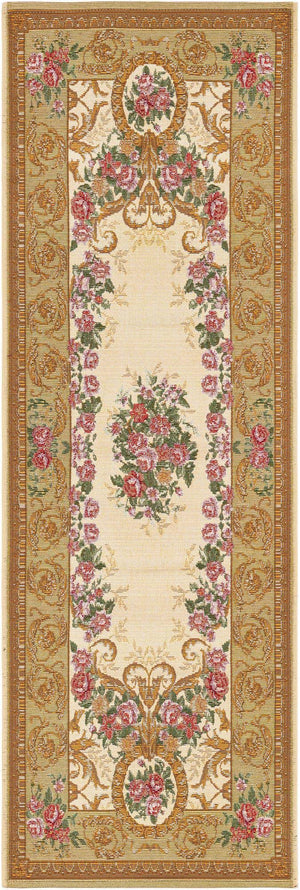 Ivory and Beige 2' x 6' 1 Outdoor Traditional Runner Area Rug Weather Resistant for Patio, Deck, Terrace, Balcony, Porch Classical Design Outside Carpet for Sale at Rug Engine