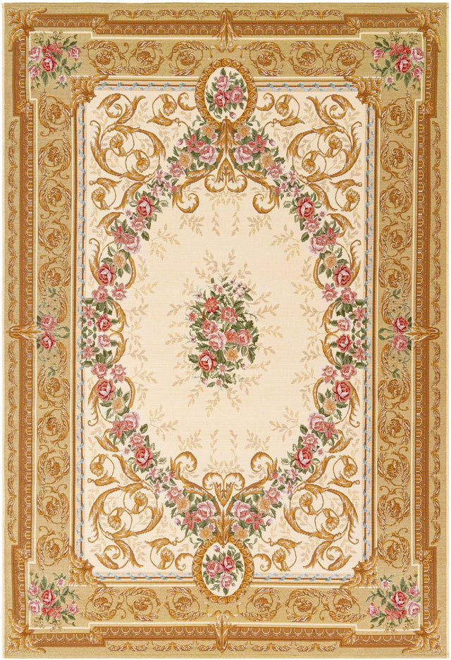 Ivory and Beige 6' 1 x 9' Outdoor Traditional Rectangle Area Rug Weather Resistant for Patio, Deck, Terrace, Balcony, Porch Classical Design Outside Carpet for Sale at Rug Engine