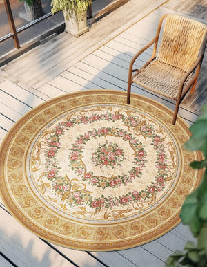 Ivory and Beige 4' 1 x 4' 1 Outdoor Traditional Round Area Rug Weather Resistant for Patio, Deck, Terrace, Balcony, Porch Classical Design Outside Carpet for Sale at Rug Engine