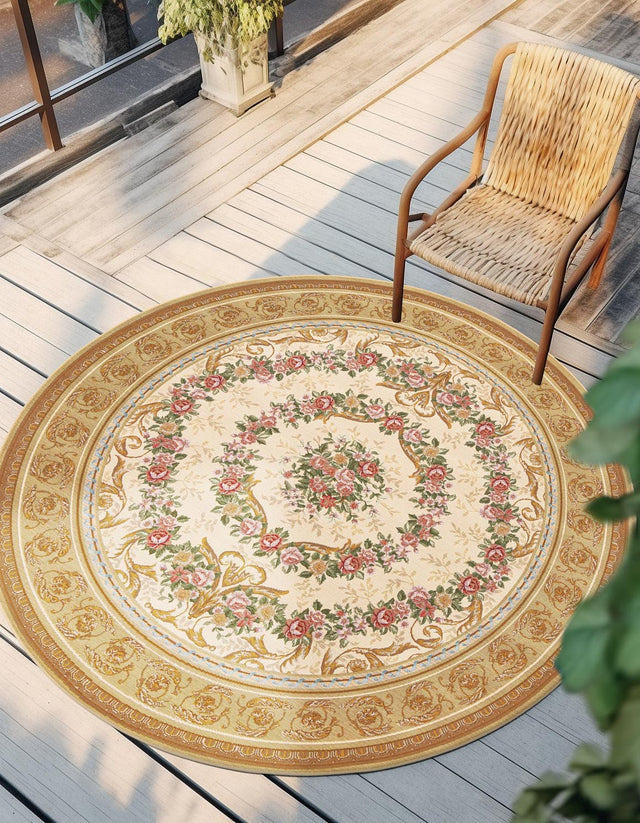Ivory and Beige 10' x 10' Outdoor Traditional Round Area Rug Weather Resistant for Patio, Deck, Terrace, Balcony, Porch Classical Design Outside Carpet for Sale at Rug Engine