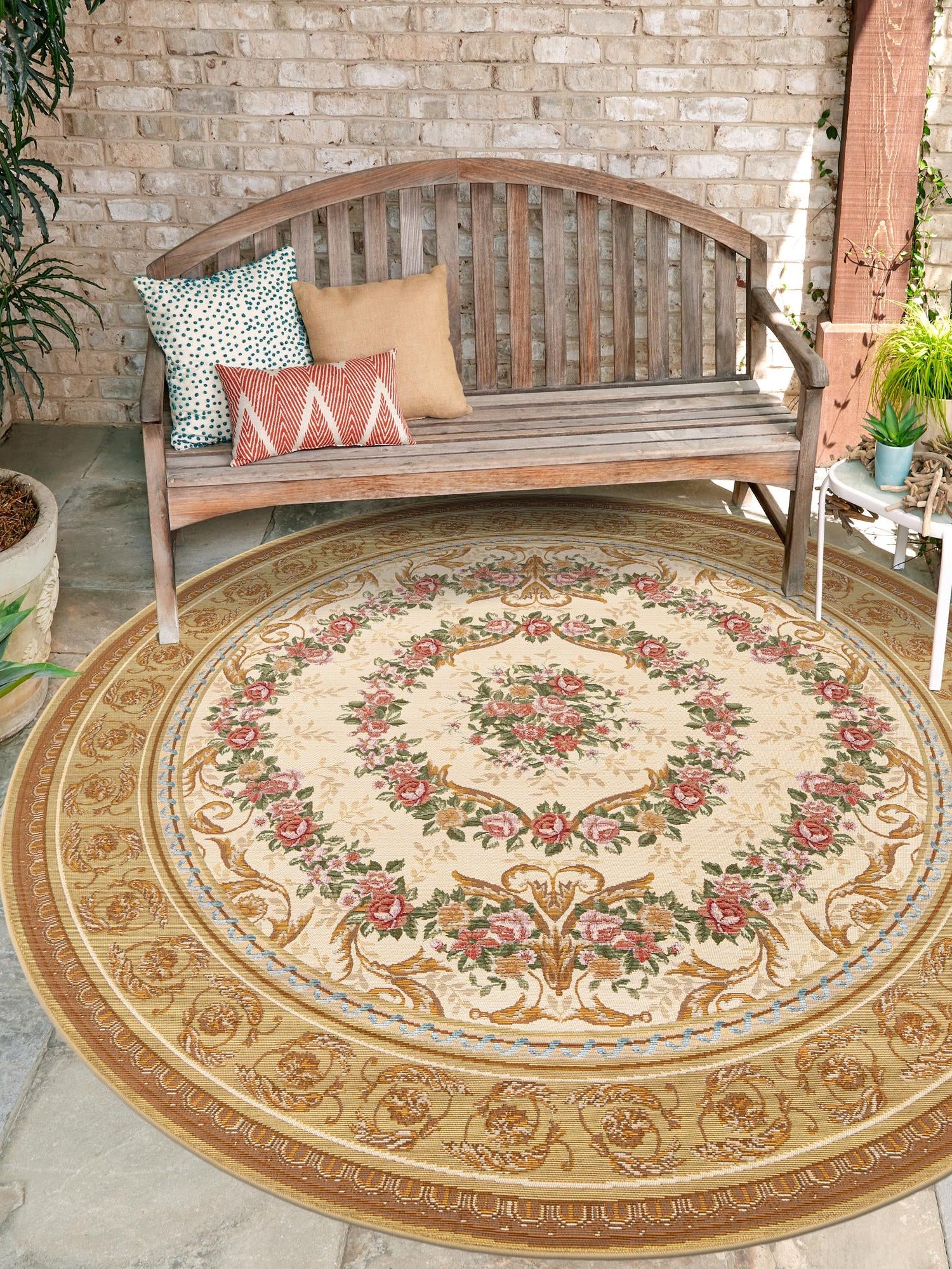 Ivory and Beige 4' 1 x 4' 1 Outdoor Traditional Round Area Rug Weather Resistant for Patio, Deck, Terrace, Balcony, Porch Classical Design Outside Carpet for Sale at Rug Engine