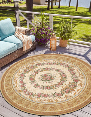 Ivory and Beige 4' 1 x 4' 1 Outdoor Traditional Round Area Rug Weather Resistant for Patio, Deck, Terrace, Balcony, Porch Classical Design Outside Carpet for Sale at Rug Engine