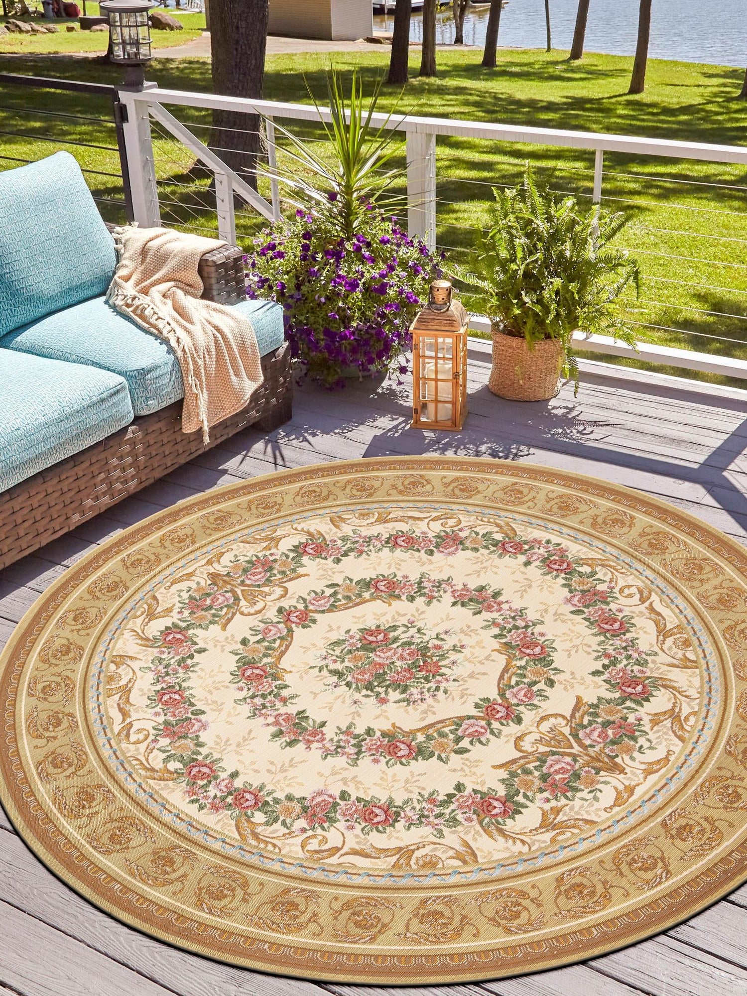Ivory and Beige 7' 10 x 7' 10 Outdoor Traditional Round Area Rug Weather Resistant for Patio, Deck, Terrace, Balcony, Porch Classical Design Outside Carpet for Sale at Rug Engine