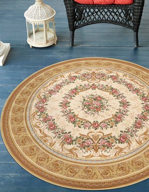 Ivory and Beige 5' 1 x 5' 1 Outdoor Traditional Round Area Rug Weather Resistant for Patio, Deck, Terrace, Balcony, Porch Classical Design Outside Carpet for Sale at Rug Engine