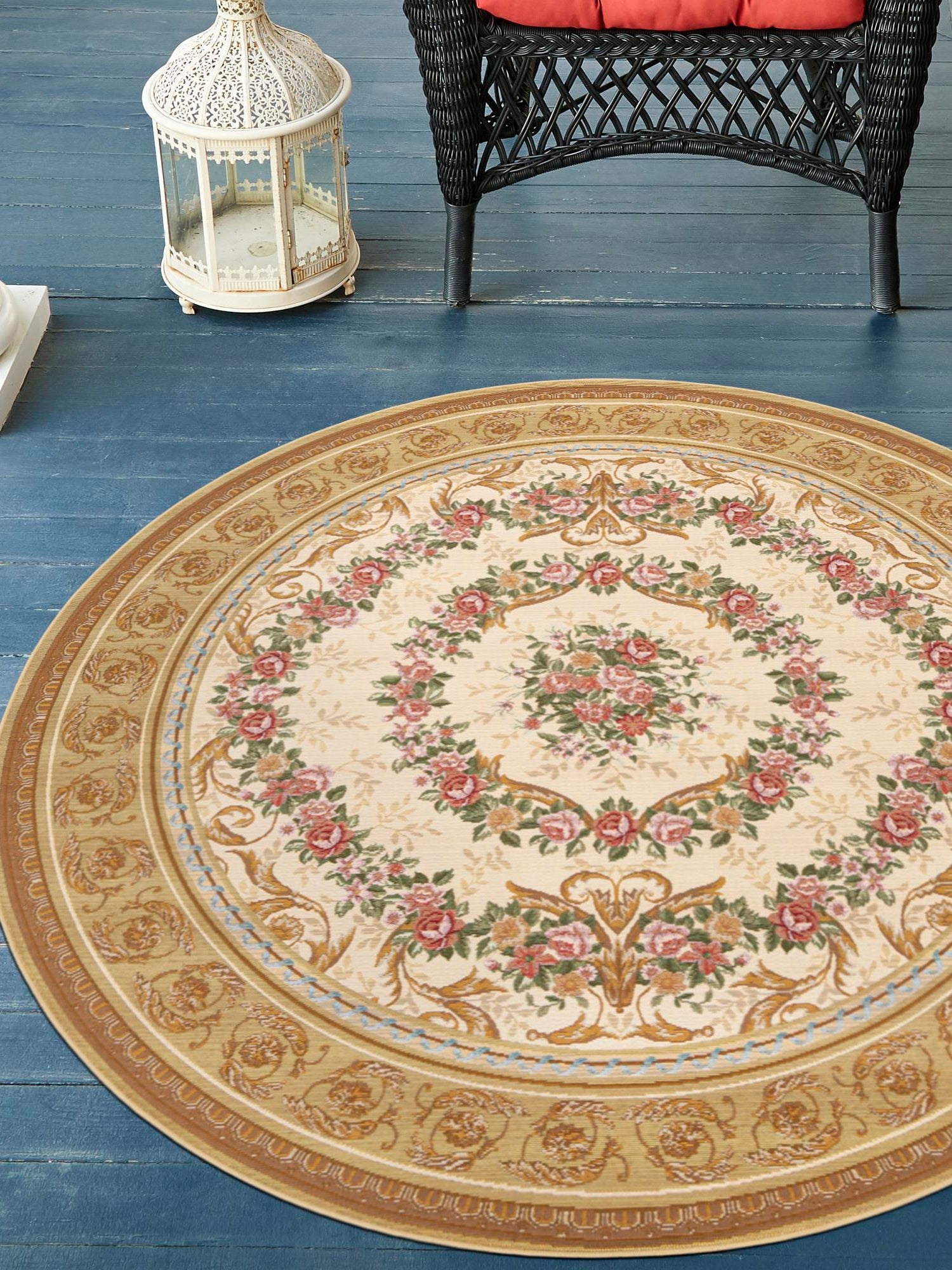 Ivory and Beige 7' 10 x 7' 10 Outdoor Traditional Round Area Rug Weather Resistant for Patio, Deck, Terrace, Balcony, Porch Classical Design Outside Carpet for Sale at Rug Engine