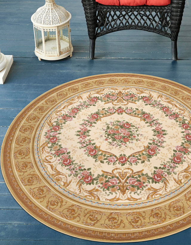 Ivory and Beige 7' 10 x 7' 10 Outdoor Traditional Round Area Rug Weather Resistant for Patio, Deck, Terrace, Balcony, Porch Classical Design Outside Carpet for Sale at Rug Engine
