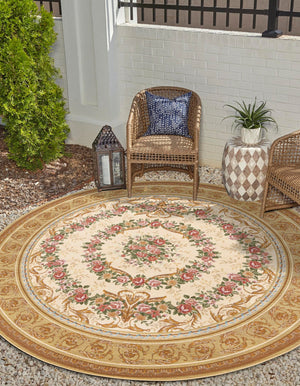 Ivory and Beige 10' x 10' Outdoor Traditional Round Area Rug Weather Resistant for Patio, Deck, Terrace, Balcony, Porch Classical Design Outside Carpet for Sale at Rug Engine