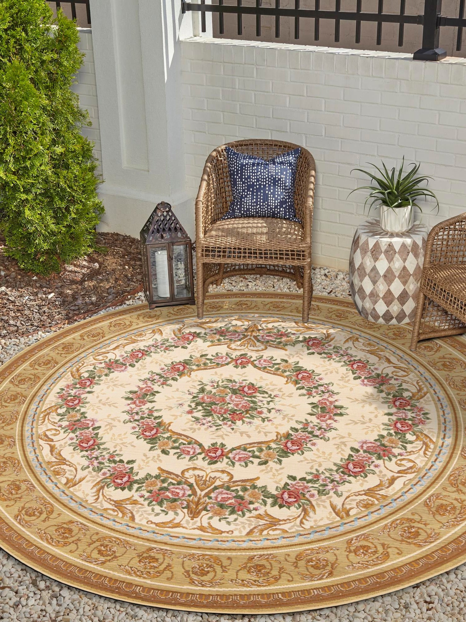 Ivory and Beige 7' 10 x 7' 10 Outdoor Traditional Round Area Rug Weather Resistant for Patio, Deck, Terrace, Balcony, Porch Classical Design Outside Carpet for Sale at Rug Engine