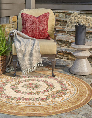 Ivory and Beige 3' 1 x 3' 1 Outdoor Traditional Round Area Rug Weather Resistant for Patio, Deck, Terrace, Balcony, Porch Classical Design Outside Carpet for Sale at Rug Engine