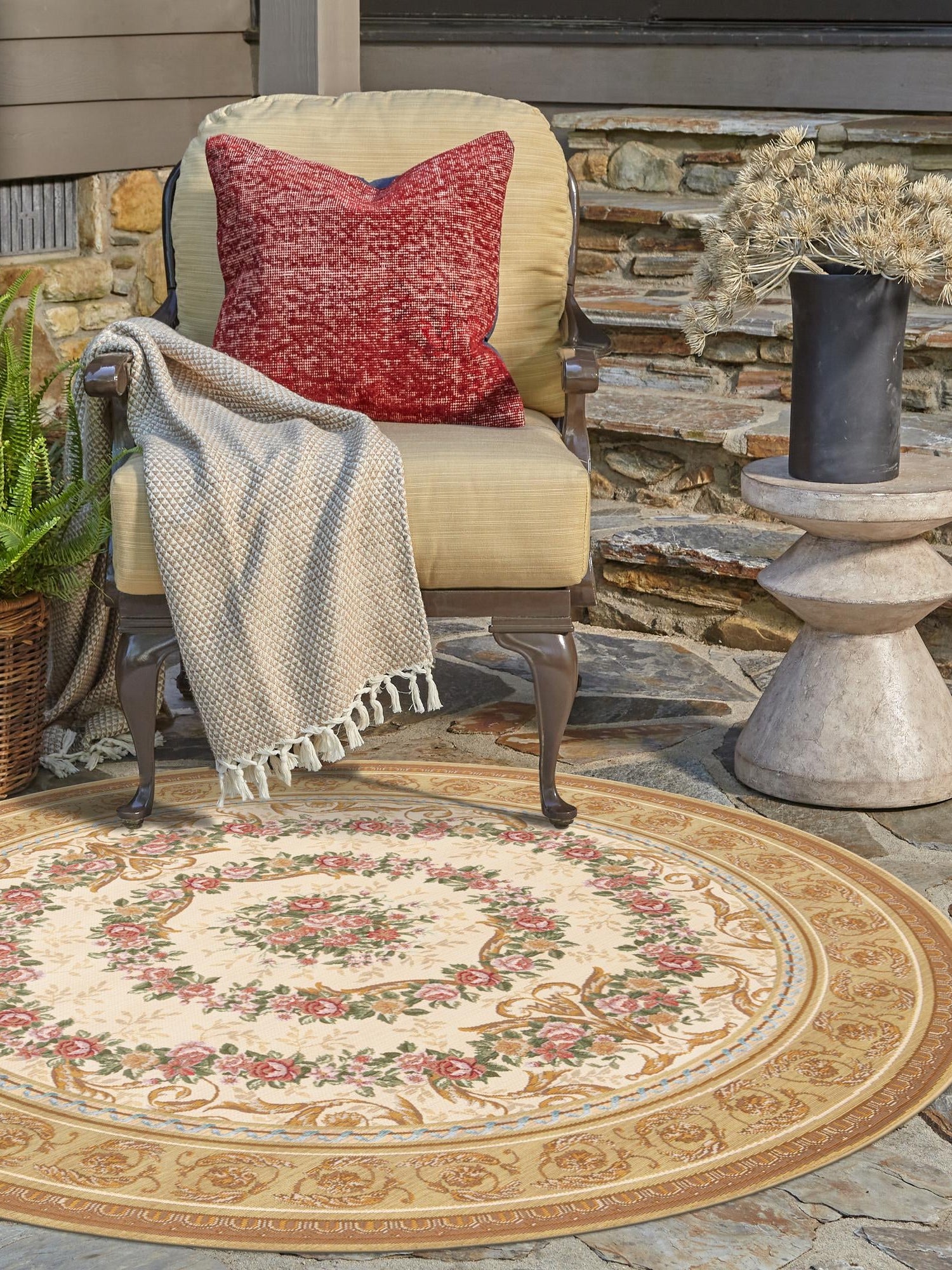 Ivory and Beige 5' 1 x 5' 1 Outdoor Traditional Round Area Rug Weather Resistant for Patio, Deck, Terrace, Balcony, Porch Classical Design Outside Carpet for Sale at Rug Engine