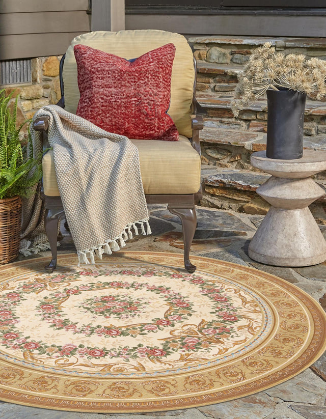 Ivory and Beige 5' 1 x 5' 1 Outdoor Traditional Round Area Rug Weather Resistant for Patio, Deck, Terrace, Balcony, Porch Classical Design Outside Carpet for Sale at Rug Engine