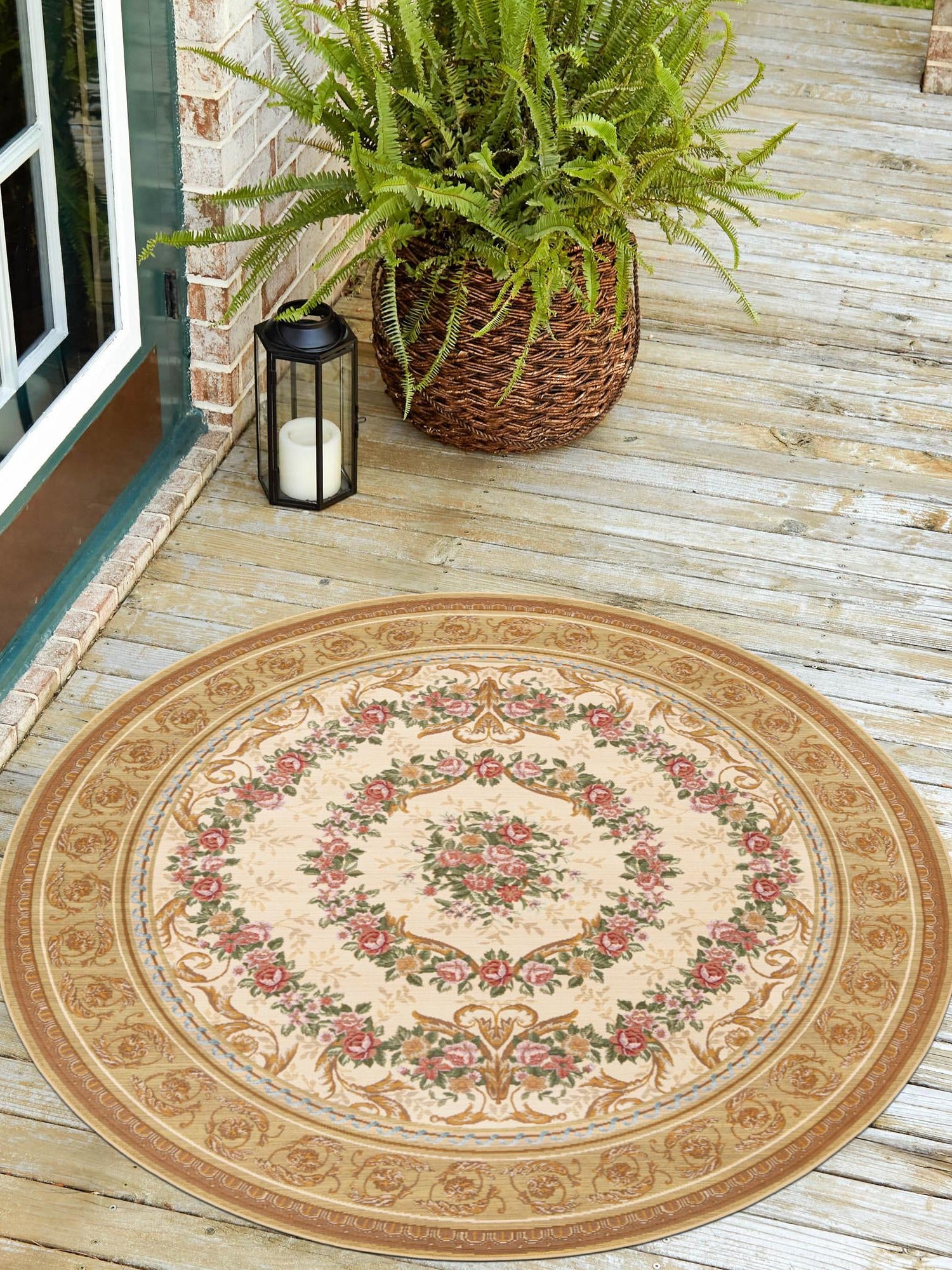 Ivory and Beige 3' 1 x 3' 1 Outdoor Traditional Round Area Rug Weather Resistant for Patio, Deck, Terrace, Balcony, Porch Classical Design Outside Carpet for Sale at Rug Engine