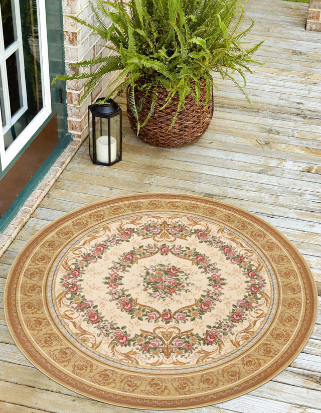 Ivory and Beige 5' 1 x 5' 1 Outdoor Traditional Round Area Rug Weather Resistant for Patio, Deck, Terrace, Balcony, Porch Classical Design Outside Carpet for Sale at Rug Engine
