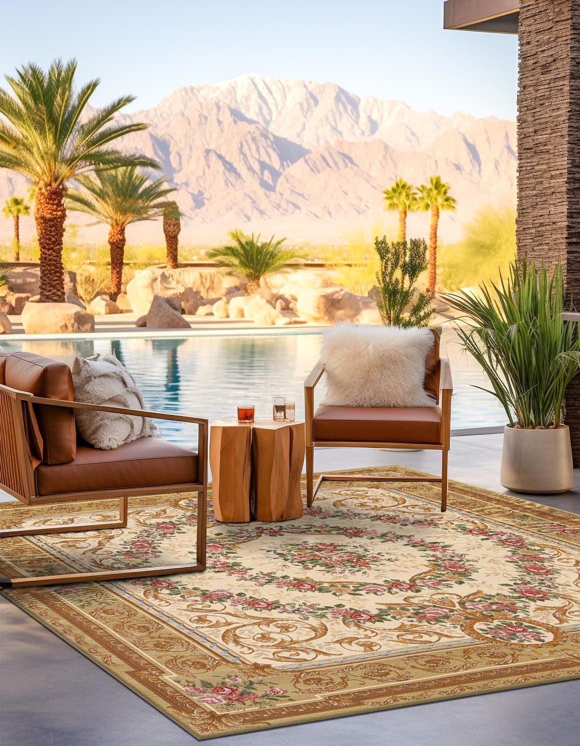 Ivory and Beige 10' x 10' Outdoor Traditional Square Area Rug Weather Resistant for Patio, Deck, Terrace, Balcony, Porch Classical Design Outside Carpet for Sale at Rug Engine