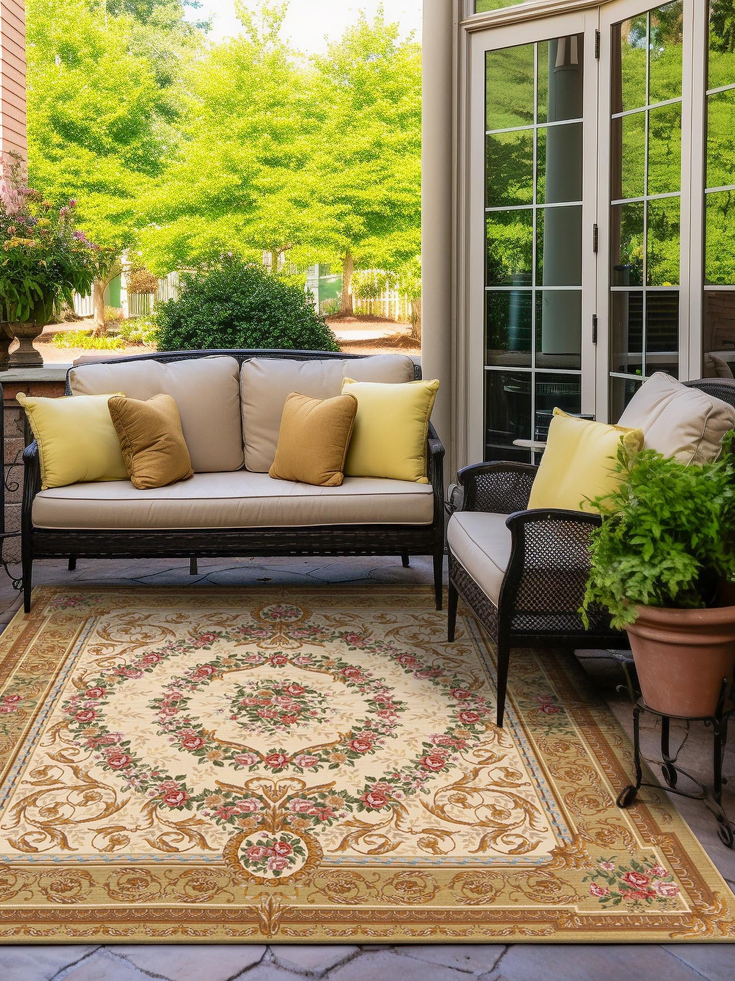 Ivory and Beige 10' x 10' Outdoor Traditional Square Area Rug Weather Resistant for Patio, Deck, Terrace, Balcony, Porch Classical Design Outside Carpet for Sale at Rug Engine