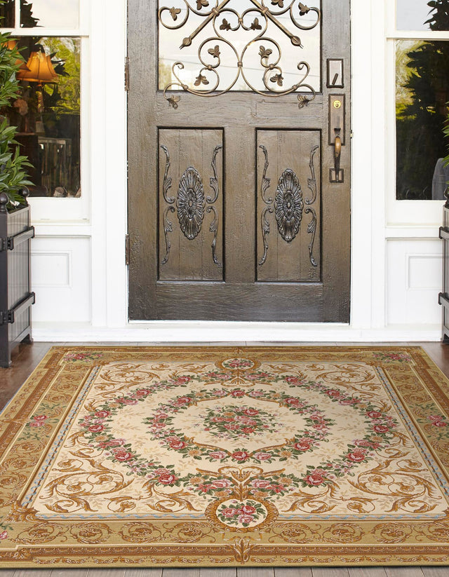 Ivory and Beige 10' x 10' Outdoor Traditional Square Area Rug Weather Resistant for Patio, Deck, Terrace, Balcony, Porch Classical Design Outside Carpet for Sale at Rug Engine
