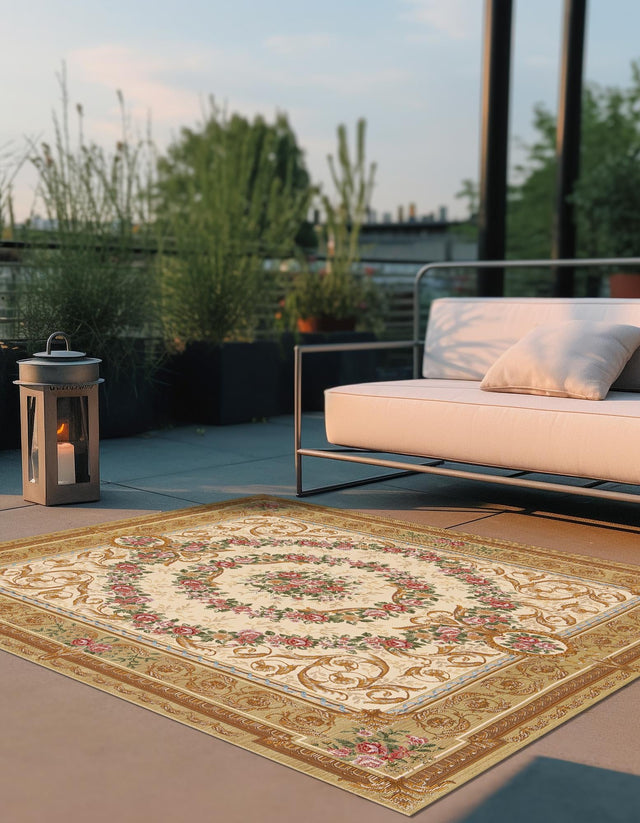 Ivory and Beige 10' x 10' Outdoor Traditional Square Area Rug Weather Resistant for Patio, Deck, Terrace, Balcony, Porch Classical Design Outside Carpet for Sale at Rug Engine
