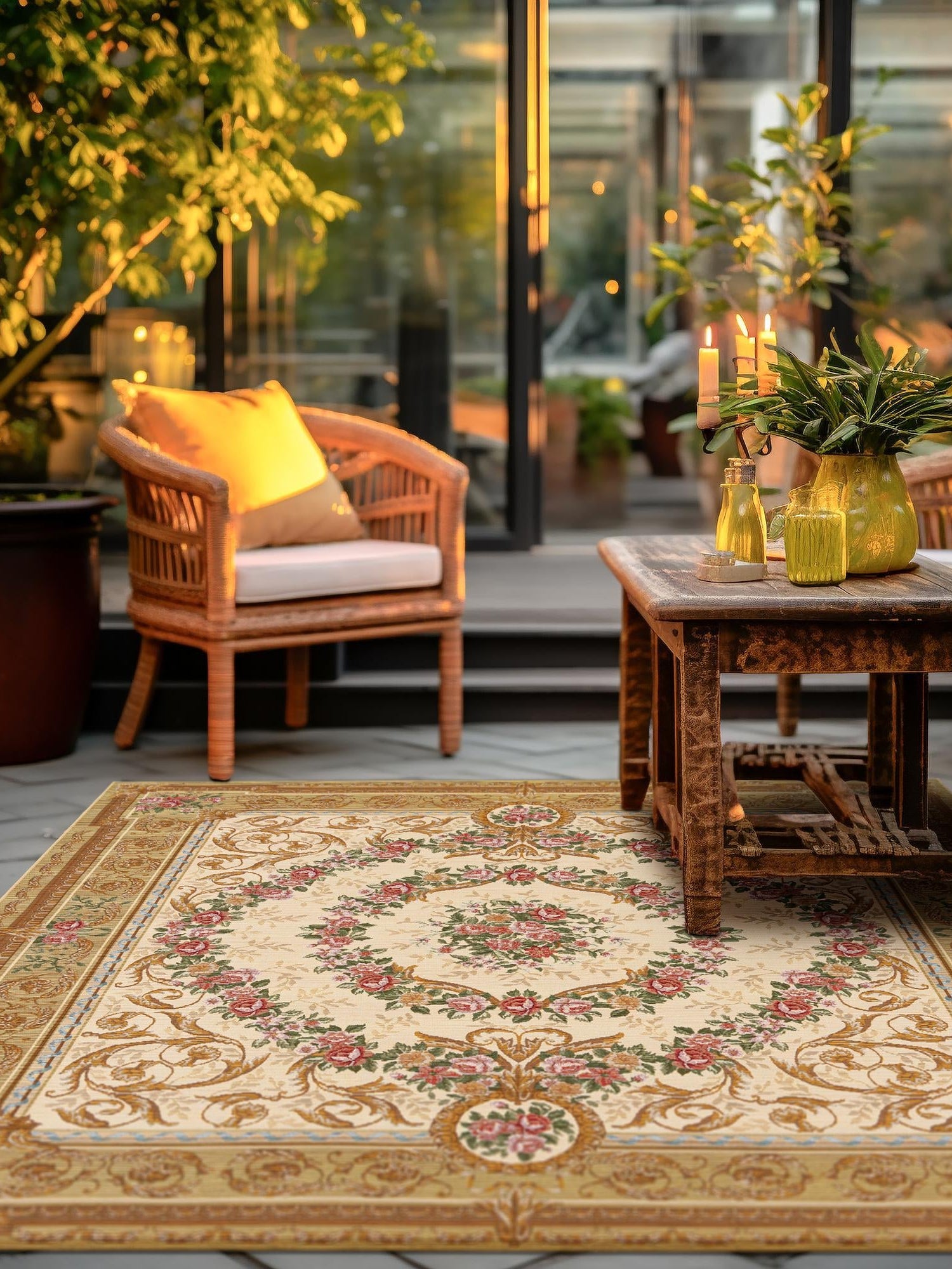 Ivory and Beige 10' x 10' Outdoor Traditional Square Area Rug Weather Resistant for Patio, Deck, Terrace, Balcony, Porch Classical Design Outside Carpet for Sale at Rug Engine