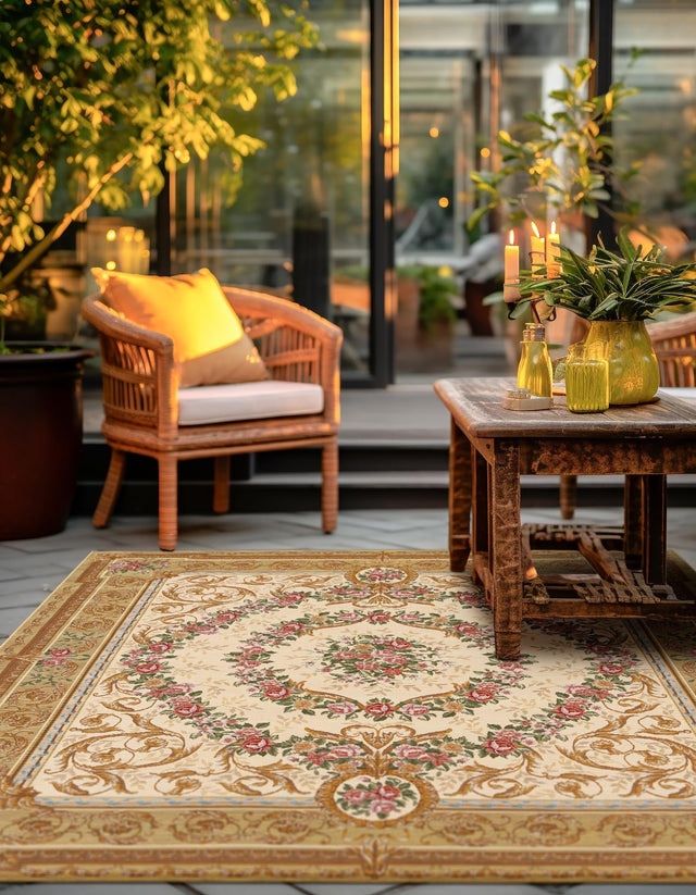 Ivory and Beige 10' x 10' Outdoor Traditional Square Area Rug Weather Resistant for Patio, Deck, Terrace, Balcony, Porch Classical Design Outside Carpet for Sale at Rug Engine