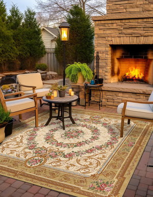Ivory and Beige 10' x 10' Outdoor Traditional Square Area Rug Weather Resistant for Patio, Deck, Terrace, Balcony, Porch Classical Design Outside Carpet for Sale at Rug Engine
