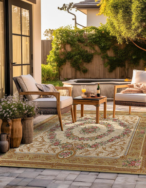 Ivory and Beige 10' x 10' Outdoor Traditional Square Area Rug Weather Resistant for Patio, Deck, Terrace, Balcony, Porch Classical Design Outside Carpet for Sale at Rug Engine